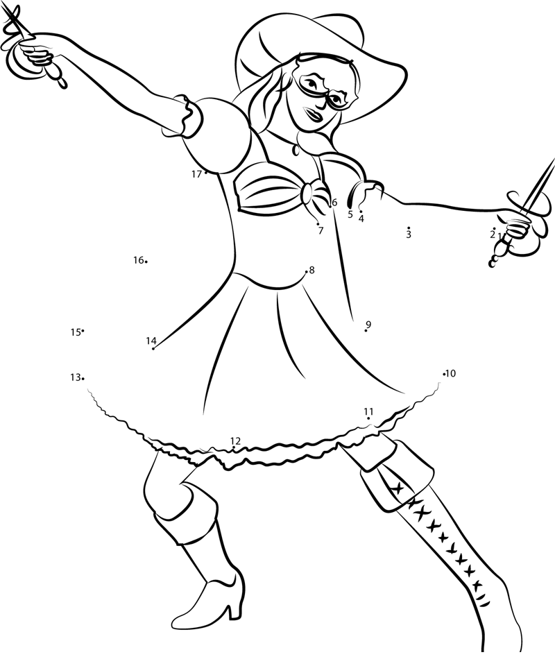 Barbie-With-Hat-And-Sword-Dot-To-Dot printable dot to dot worksheet