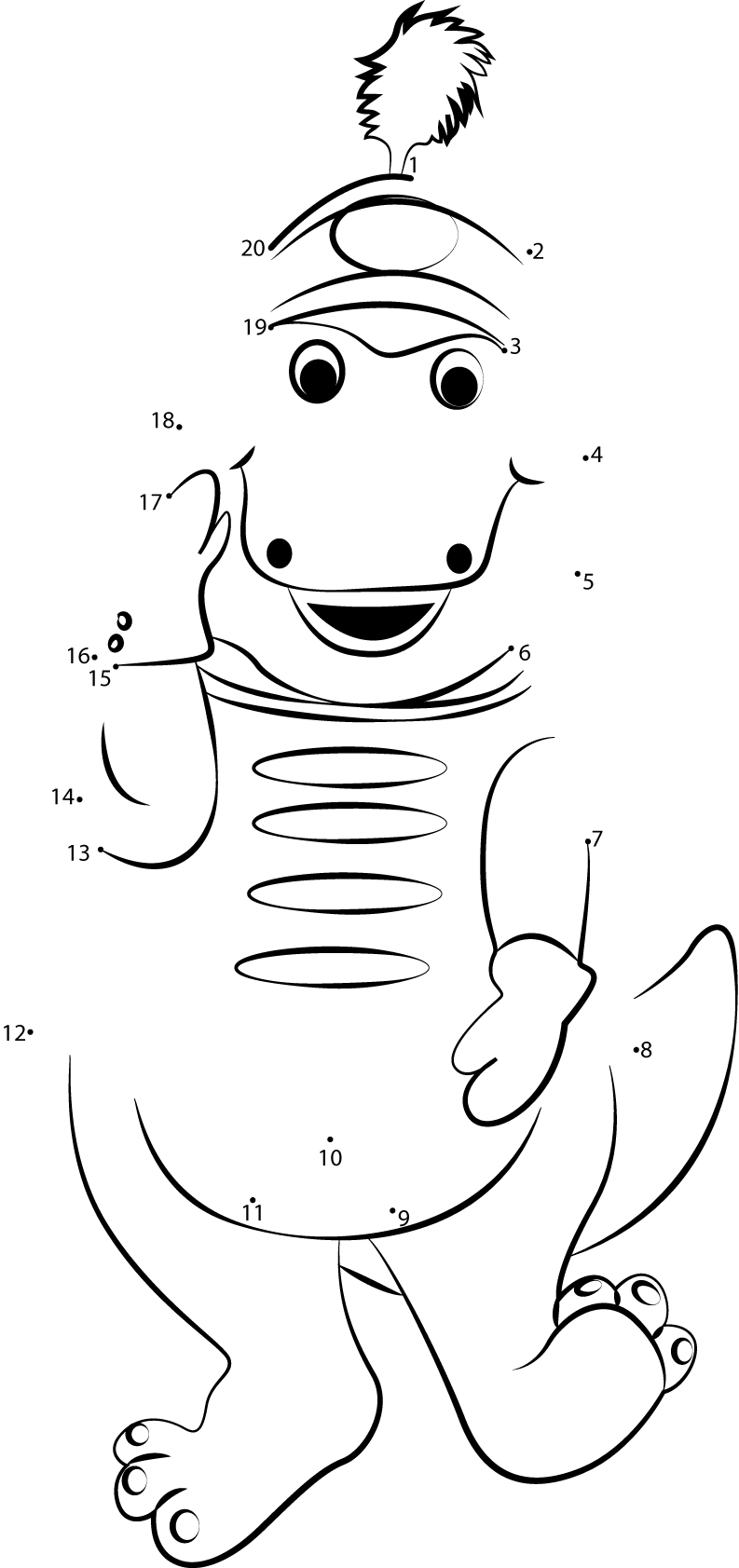 Barney-Marching-In-A-Band-Look-Dot-To-Dot printable dot to dot worksheet