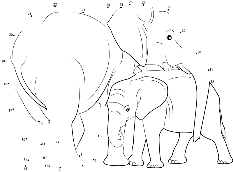 Indian Elephant With Calf dot to dot worksheets