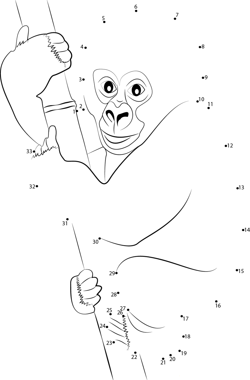 Gorilla Baby Hug A Tree printable dot to dot worksheet