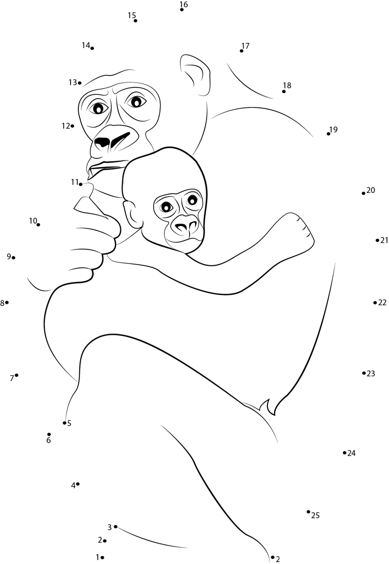 Gorilla Hug Her Baby printable dot to dot worksheet