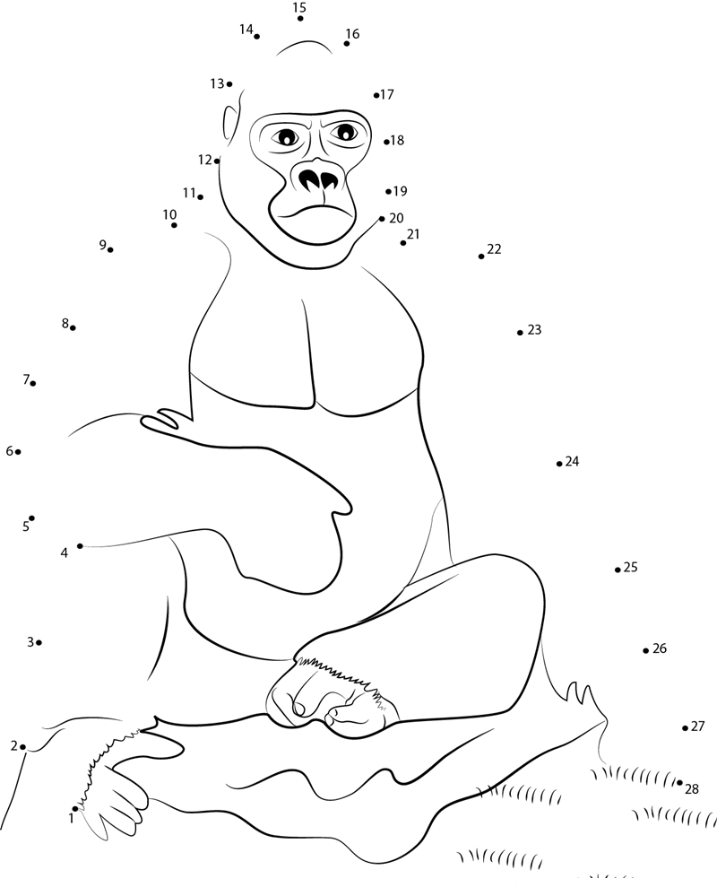 Gorilla Sitting printable dot to dot worksheet