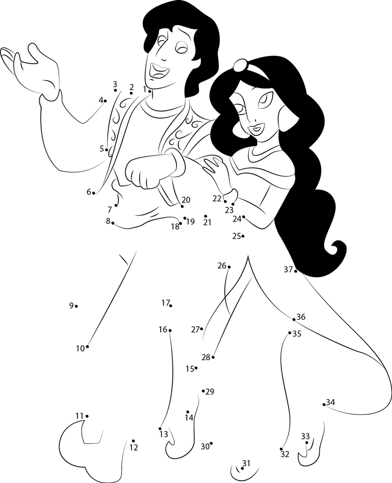 Aladdin And Jasmine Are Going printable dot to dot worksheet