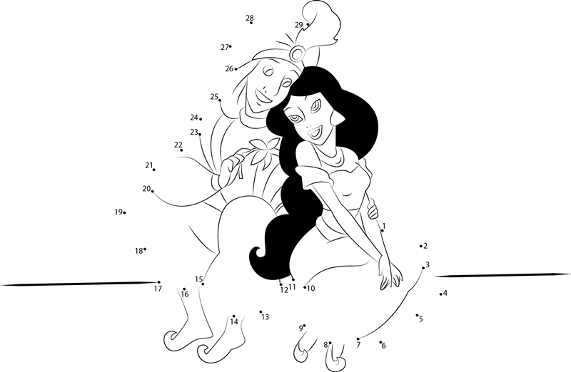 Aladdin And Jasmine Sitting Together printable dot to dot worksheet