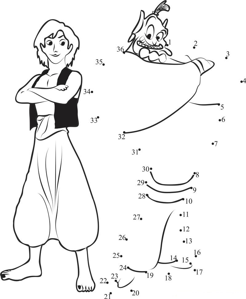 Aladdin With Genie printable dot to dot worksheet