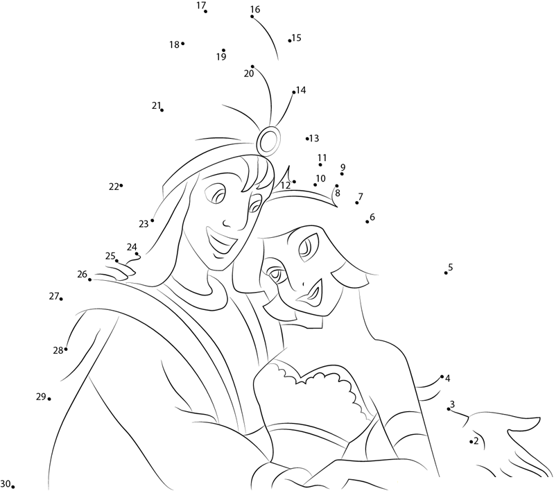 Prince Aladdin And Princess Jasmine printable dot to dot worksheet