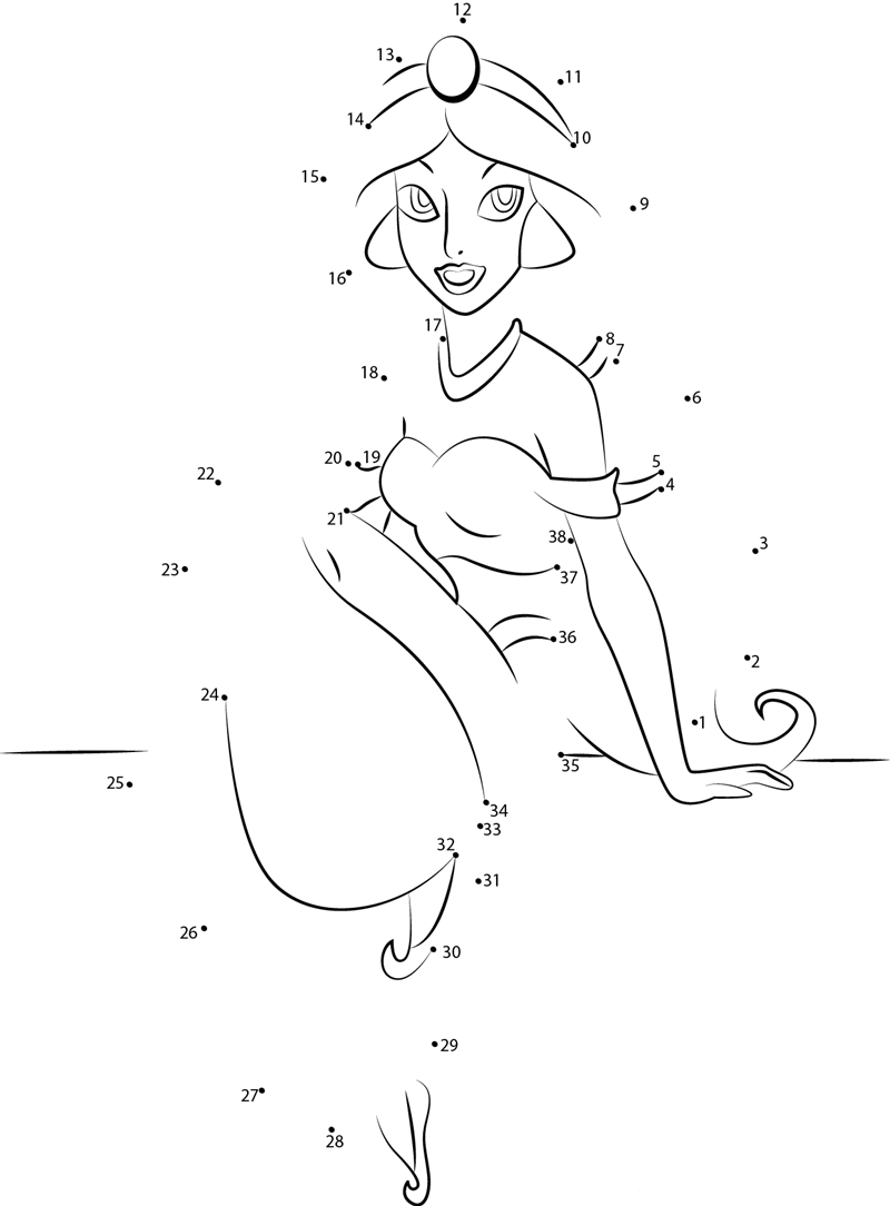 Princess Jasmine Sitting Down printable dot to dot worksheet