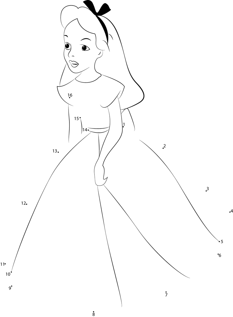 Alice-In-Gown-Dot-To-Dot printable dot to dot worksheet