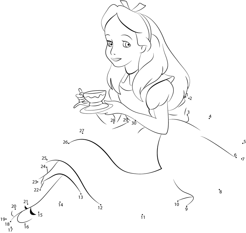 Alice-With-Tea-Dot-To-Dot printable dot to dot worksheet