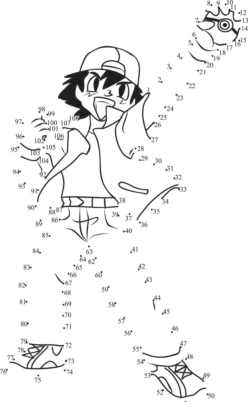 Ash Ketchum printable dot to dot worksheet