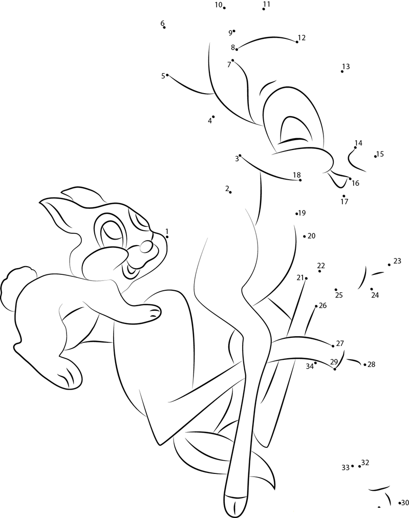 Bambi Playing Rabbit printable dot to dot worksheet