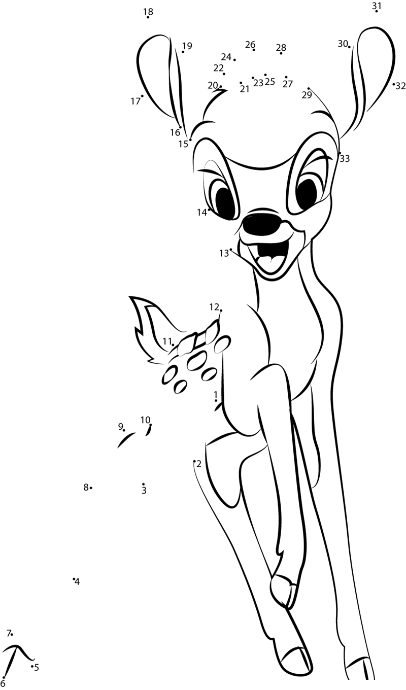 Happy-Bambi-Dot-To-Dot printable dot to dot worksheet