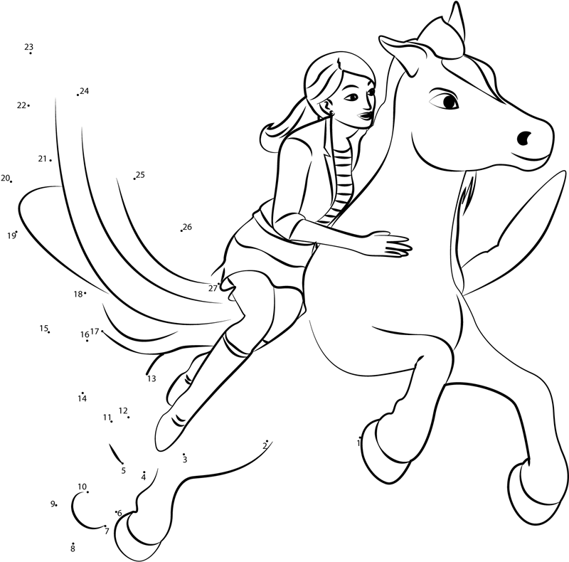 Barbie-With-Flying-Horse-Dot-To-Dot printable dot to dot worksheet