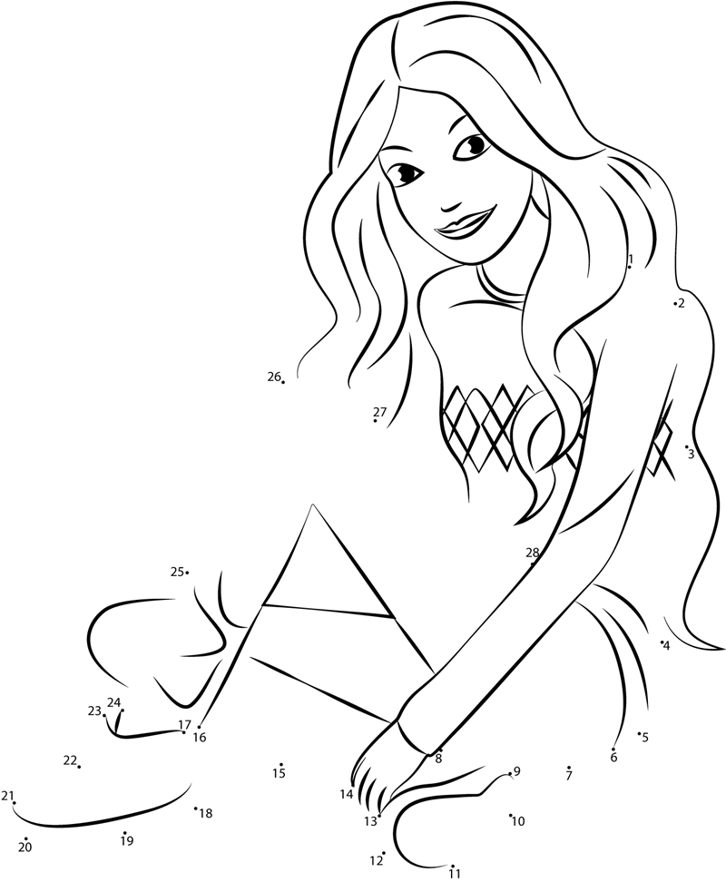 Sitting-Barbie-Dot-To-Dot printable dot to dot worksheet