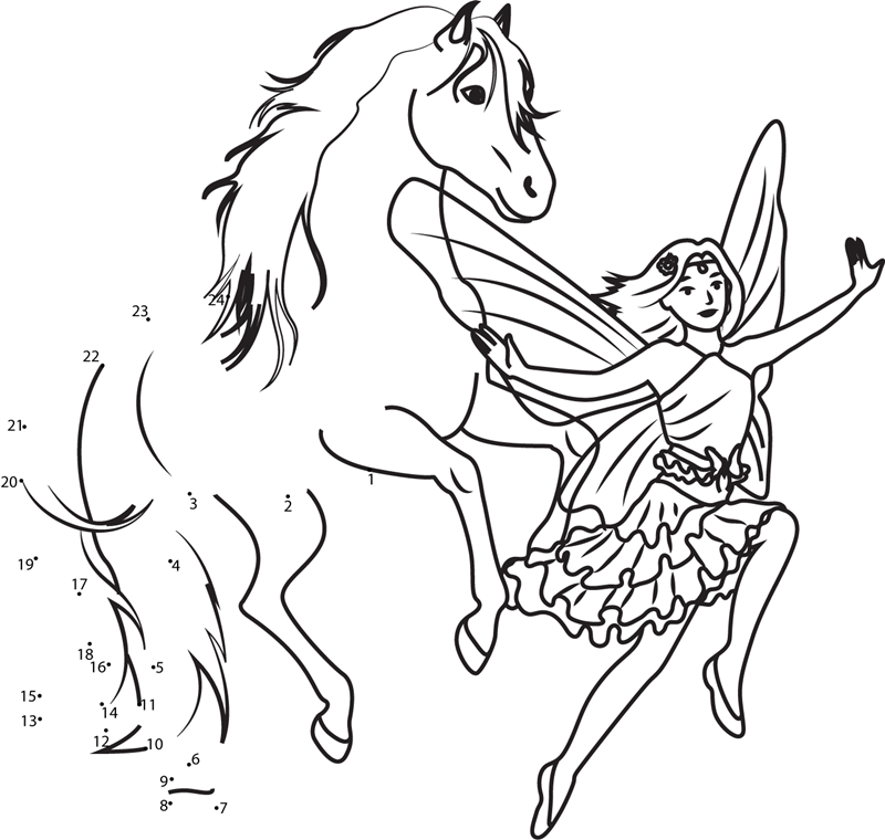 Jumping-Horse-And-Flying-Fairy-Dot-To-Dot printable dot to dot worksheet