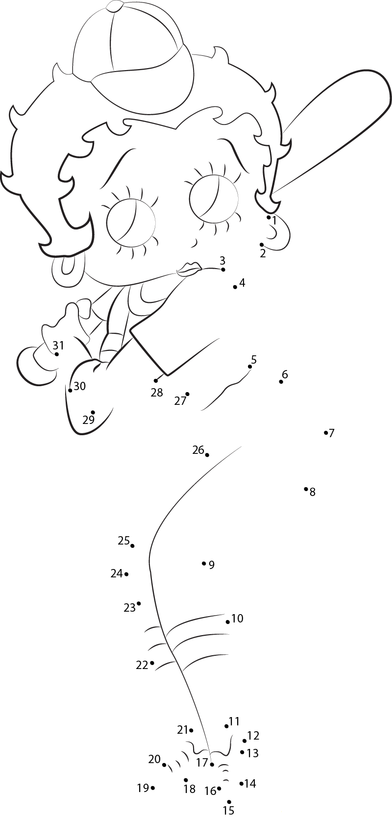 Betty Boop Playing Baseball printable dot to dot worksheet