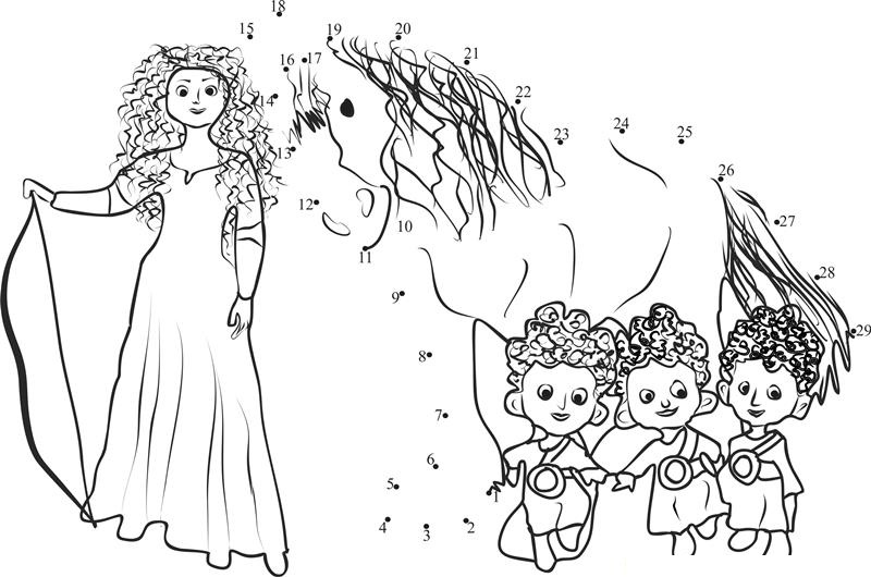 Brave Merida With Cute Kids printable dot to dot worksheet