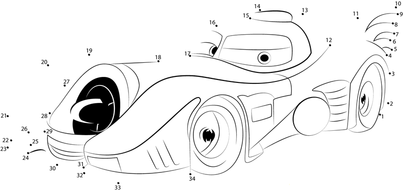 Batcar Disney printable dot to dot worksheet