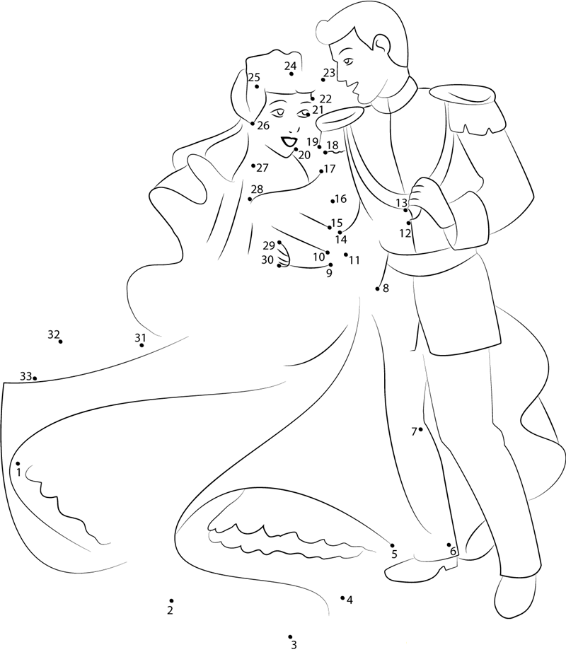 Cinderella And Prince Dancing printable dot to dot worksheet