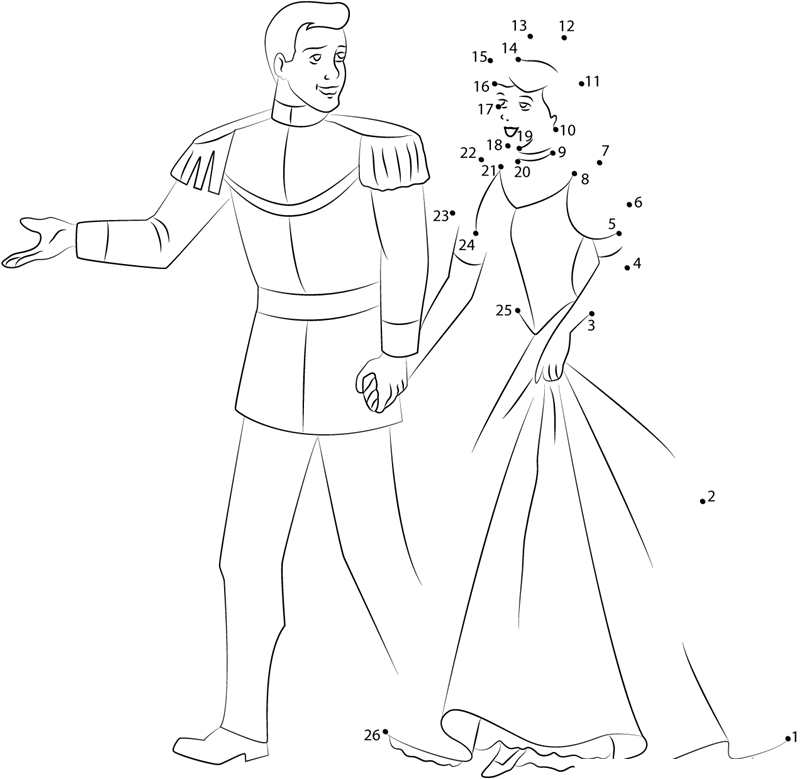 Prince And Cinderella Going printable dot to dot worksheet