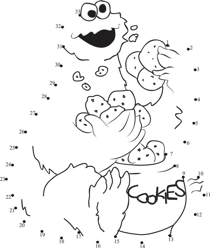 Cookie Monster With Lots Of Cookies printable dot to dot worksheet