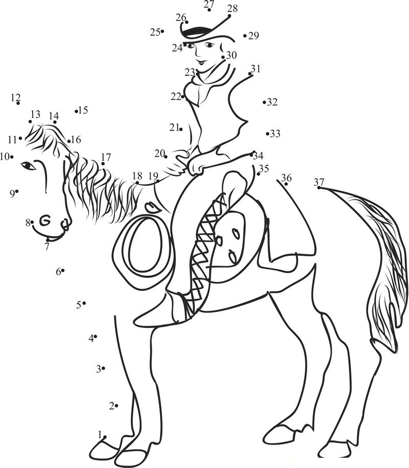 Cowboy With Horse printable dot to dot worksheet