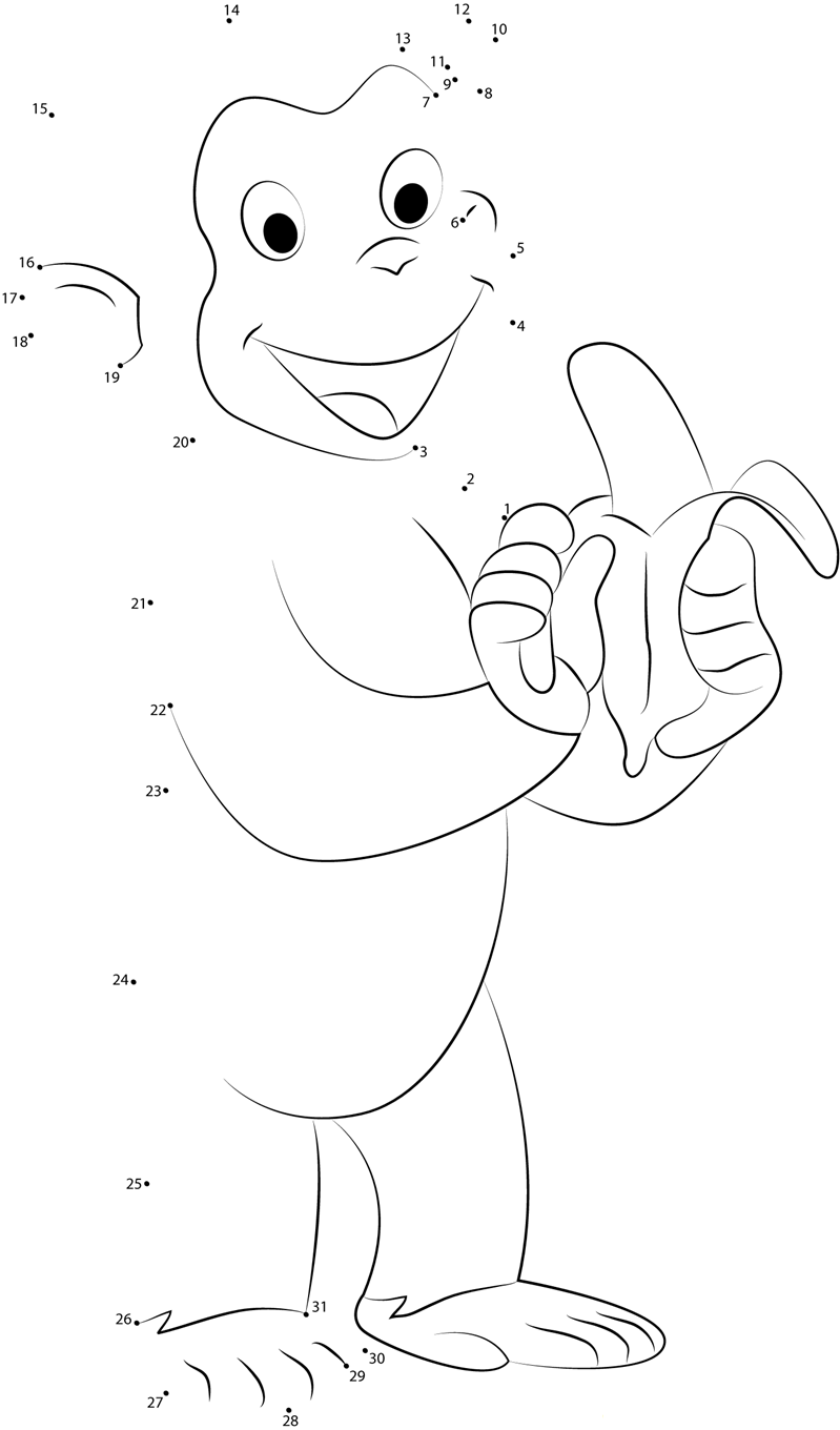 Curious George Eating Banana printable dot to dot worksheet