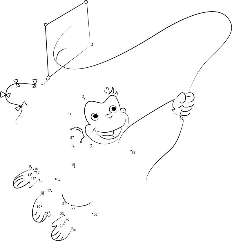 Curious George Playing A Kite printable dot to dot worksheet