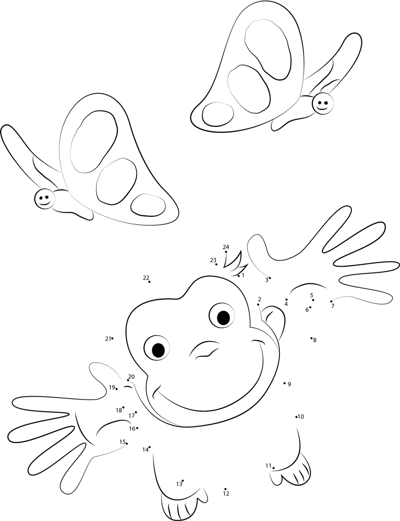 Curious George Playing With Butterfly printable dot to dot worksheet