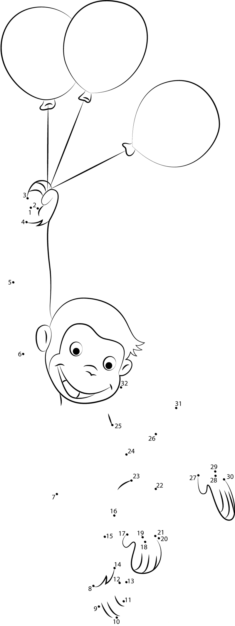 Curious George With Balloons printable dot to dot worksheet