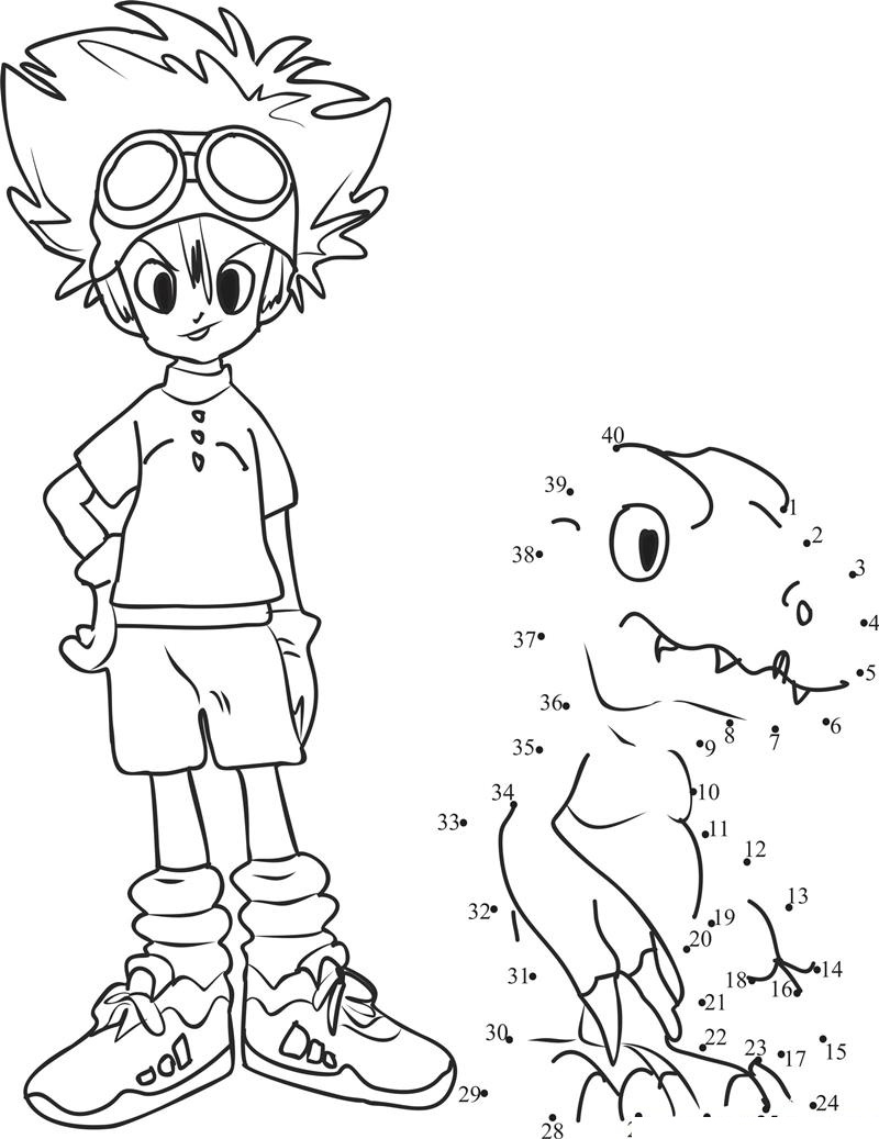 Tai Kamiya And Agumon Digimon printable dot to dot worksheet