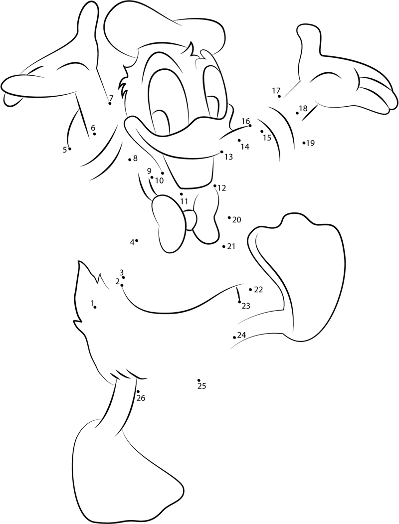 Cheerful Donald Duck printable dot to dot worksheet