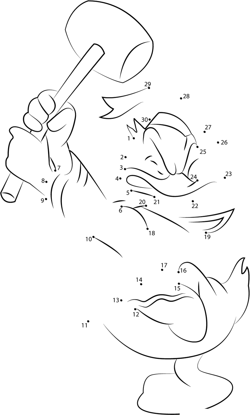 Donald Duck Having Hammer printable dot to dot worksheet