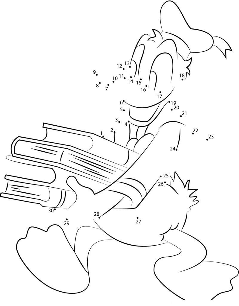 Donald Duck Taking A Book printable dot to dot worksheet