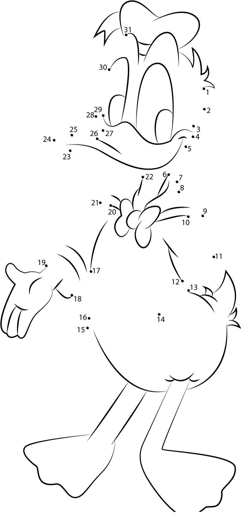 Friendly Donald Duck printable dot to dot worksheet