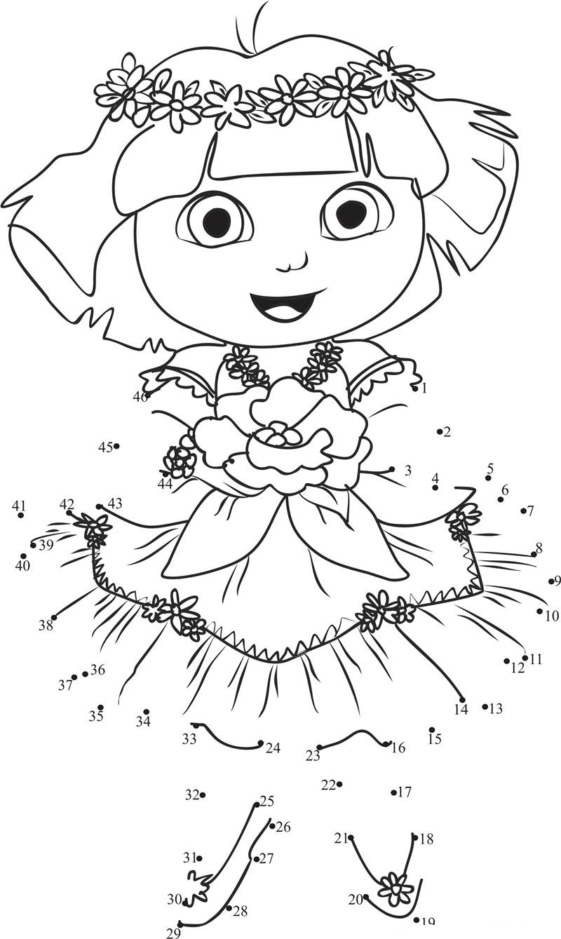 Dora With Flowers printable dot to dot worksheet