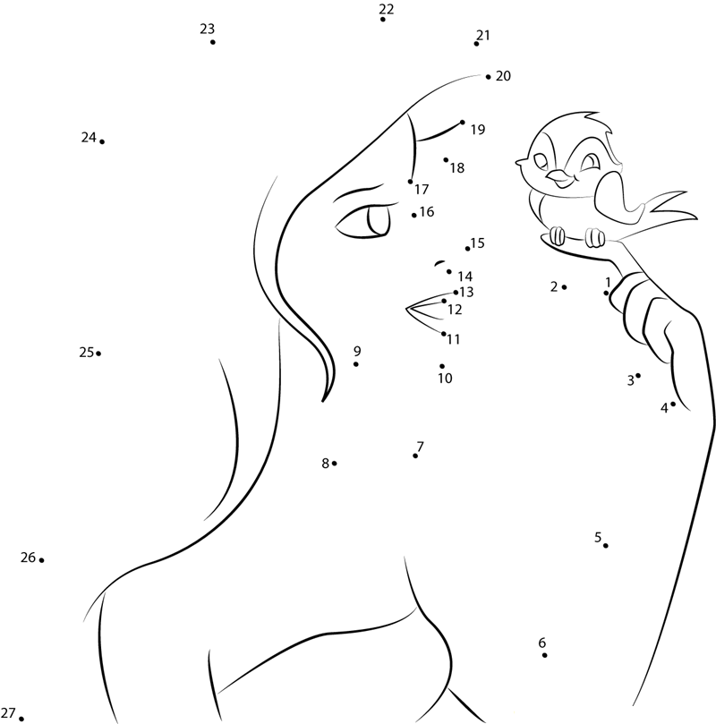 Princess Giselle With Birds printable dot to dot worksheet