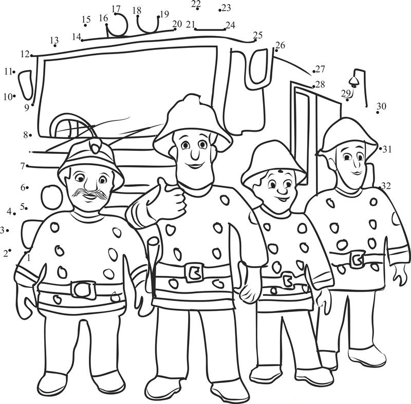 Fireman Sam And Firetruck Team printable dot to dot worksheet