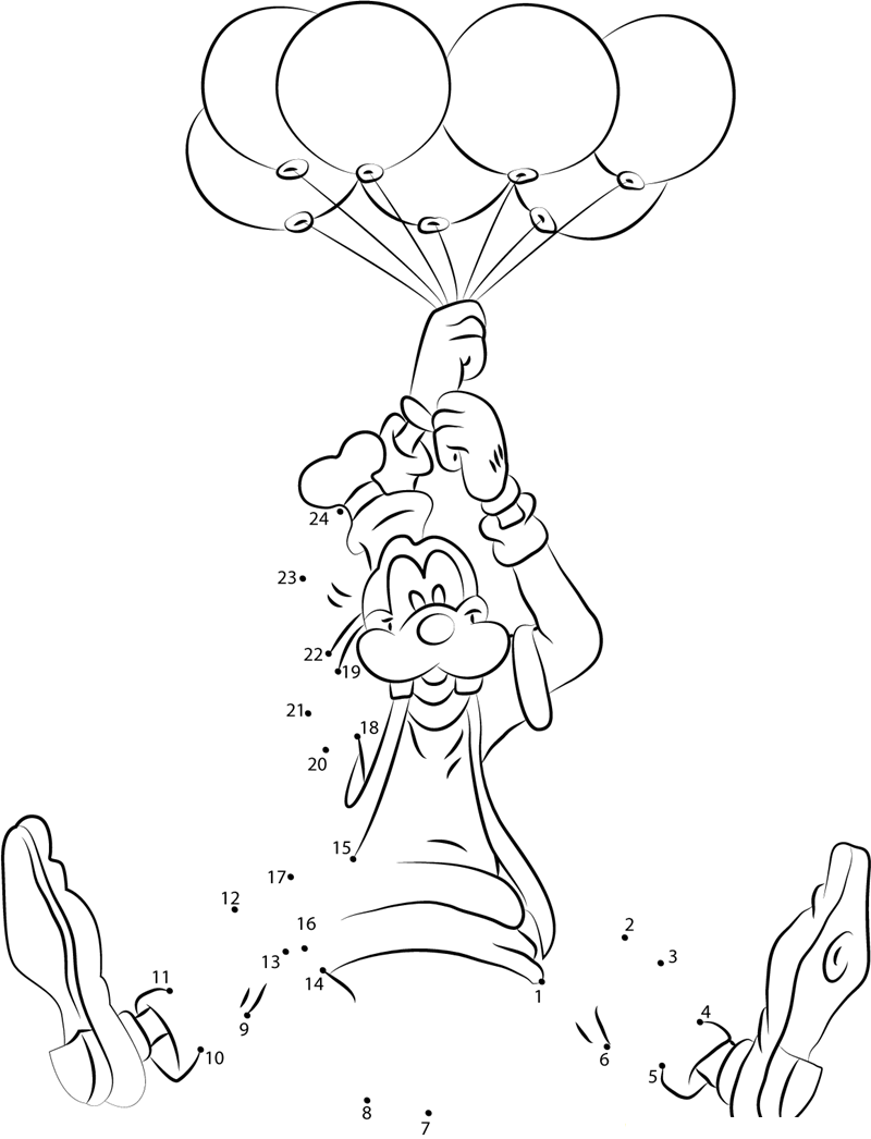 Goofy With Balloons printable dot to dot worksheet