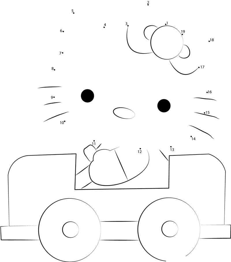 Hello Kitty Driving A Car printable dot to dot worksheet