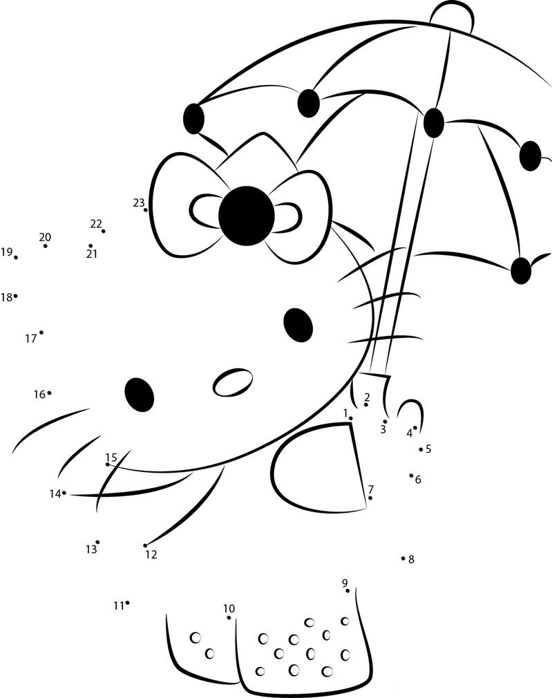 Hello Kitty With Umbrella printable dot to dot worksheet