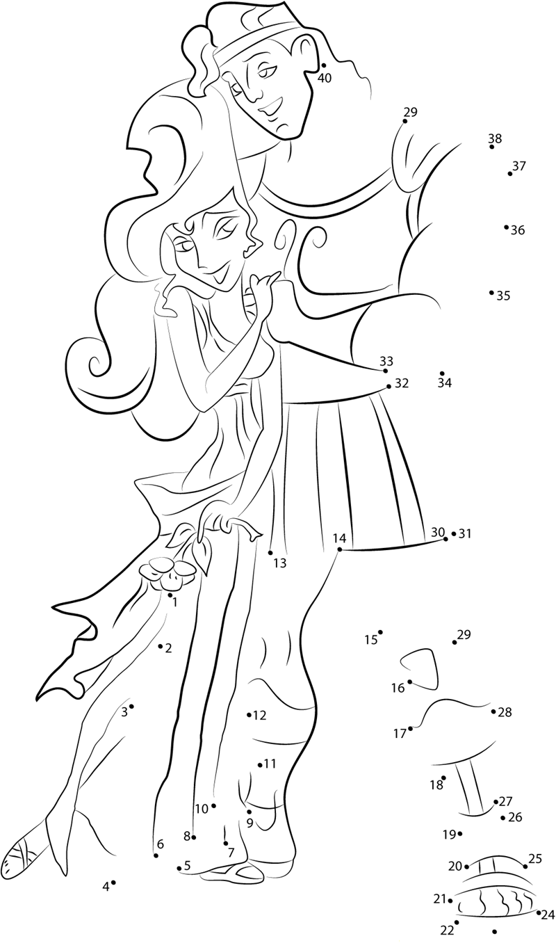 Hercules Hugs Megara printable dot to dot worksheet