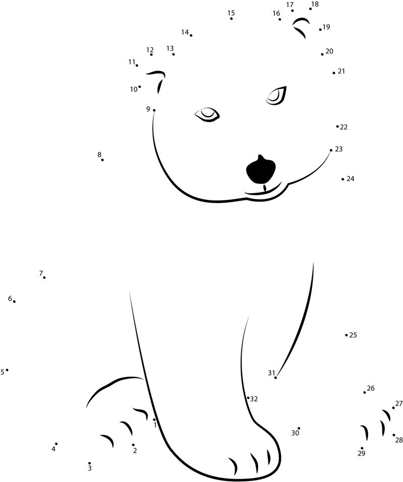 Little Polar Bear Lars printable dot to dot worksheet