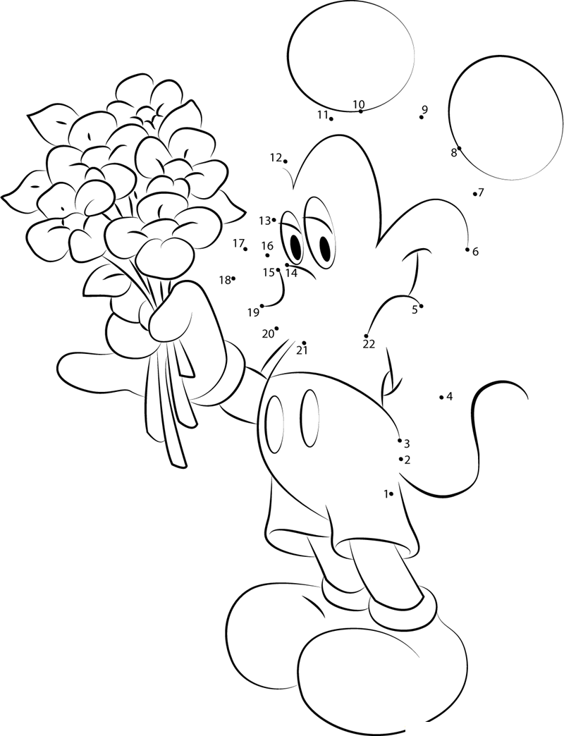 Mickey Mouse Having Flowers In Hand printable dot to dot worksheet