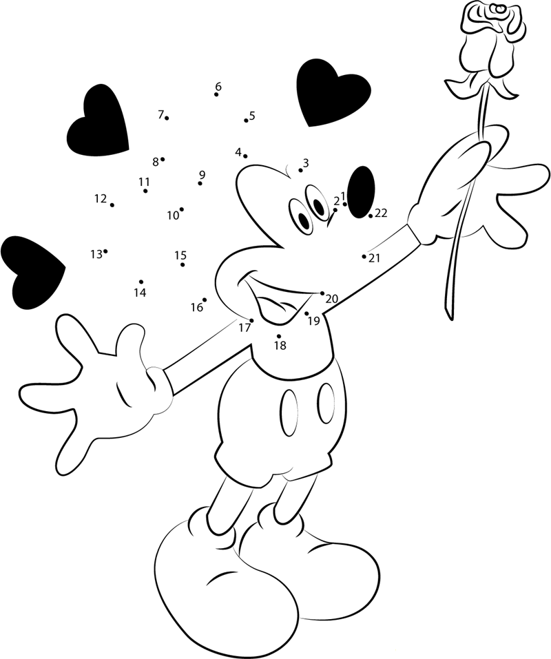 Mickey Mouse In Love printable dot to dot worksheet