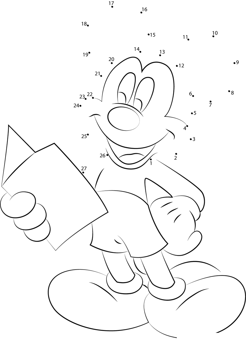 Mickey Mouse Reading A Book printable dot to dot worksheet