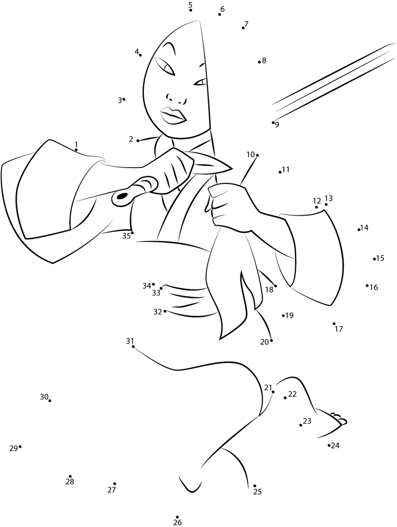 Mulan Cuts Hair With Sword dot to dot worksheets