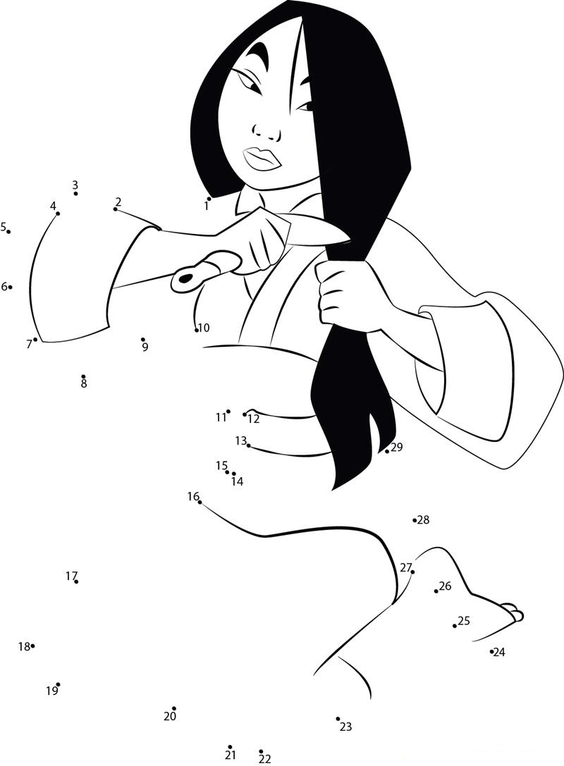 Mulan Cutting Hair printable dot to dot worksheet