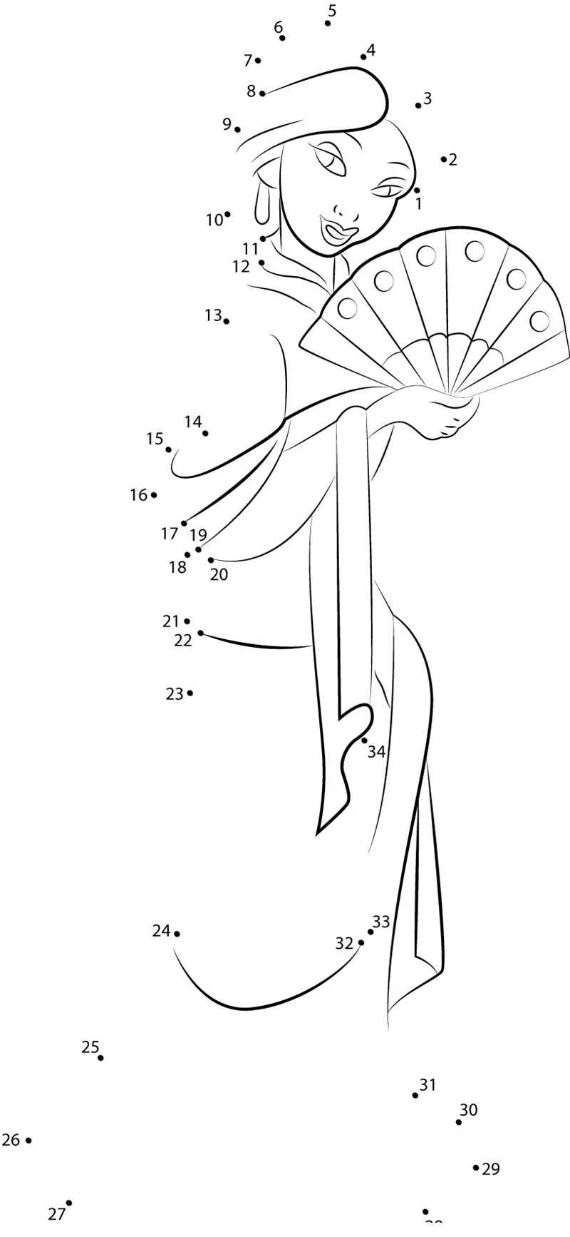 Mulan With Hand Fan dot to dot worksheets