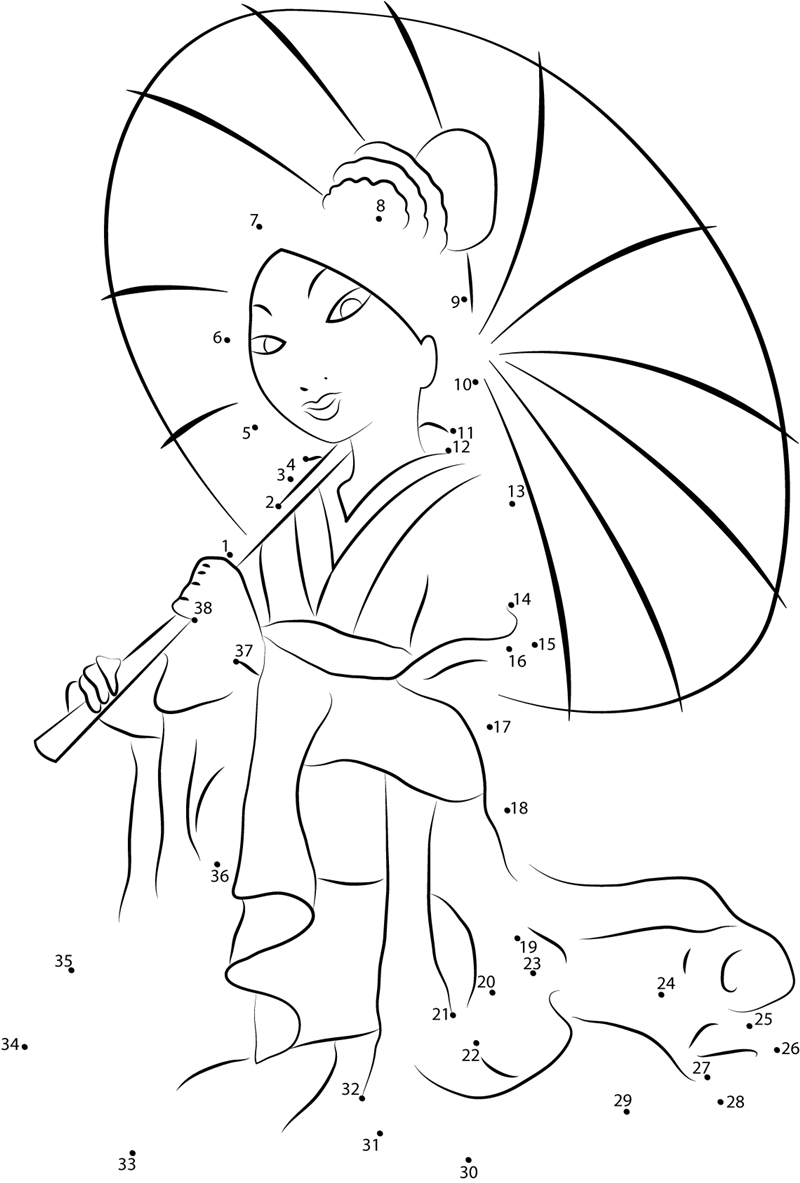 Mulan With Umbrella dot to dot worksheets